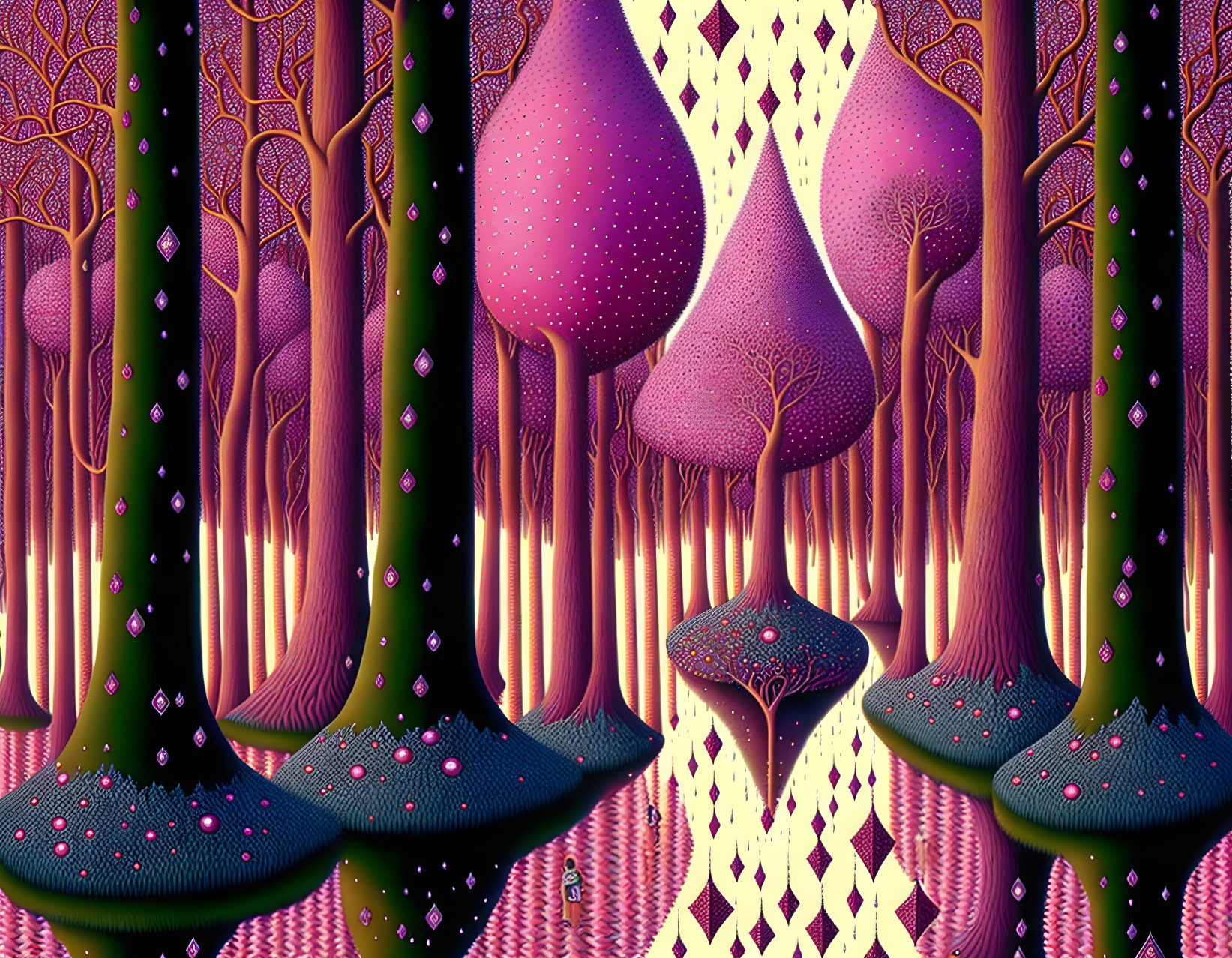 Psychedelic forest with purple patterned trees and pink/blue details