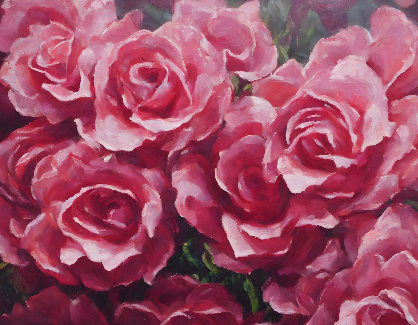 Detailed Close-Up Oil Painting of Vibrant Pink Roses and Green Foliage