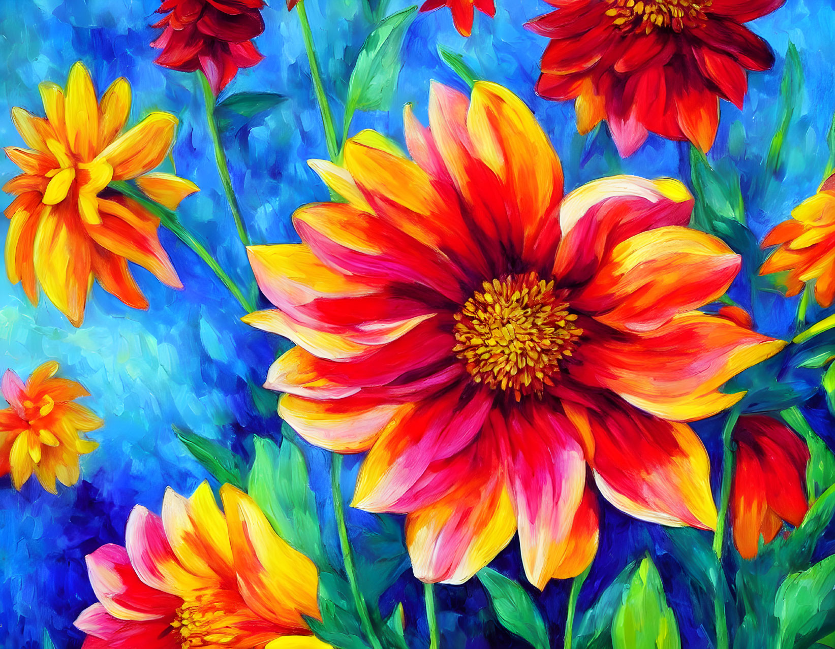 Impressionist-style painting of red and yellow flowers on blue background