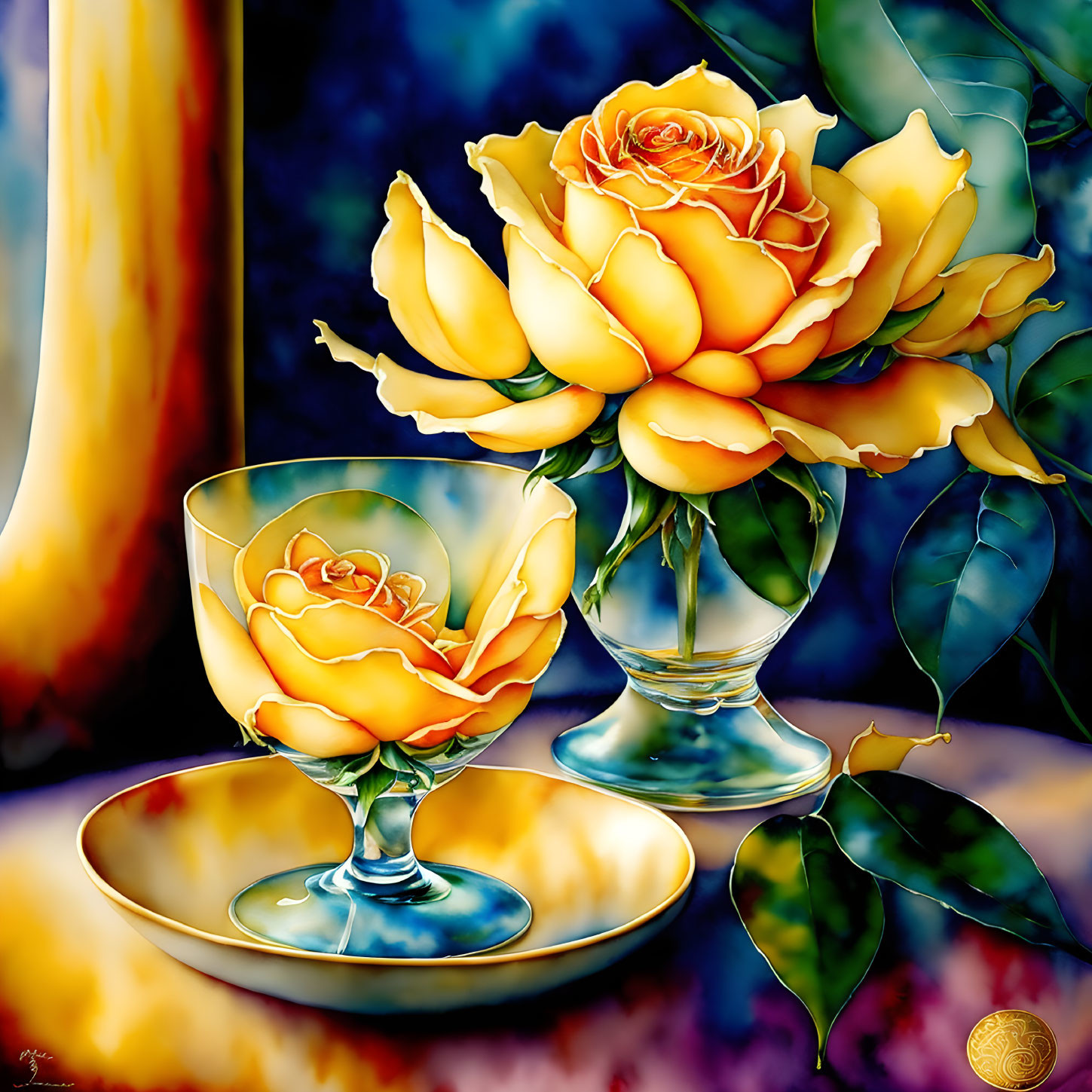 Yellow Roses Painting in Glass Saucer on Blue and Gold Background