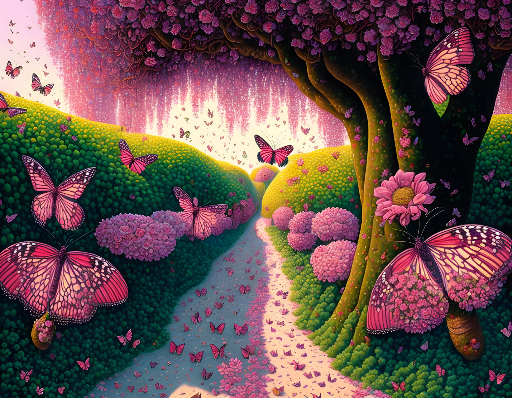 Colorful fantasy landscape with oversized butterflies, winding path, pink foliage trees.