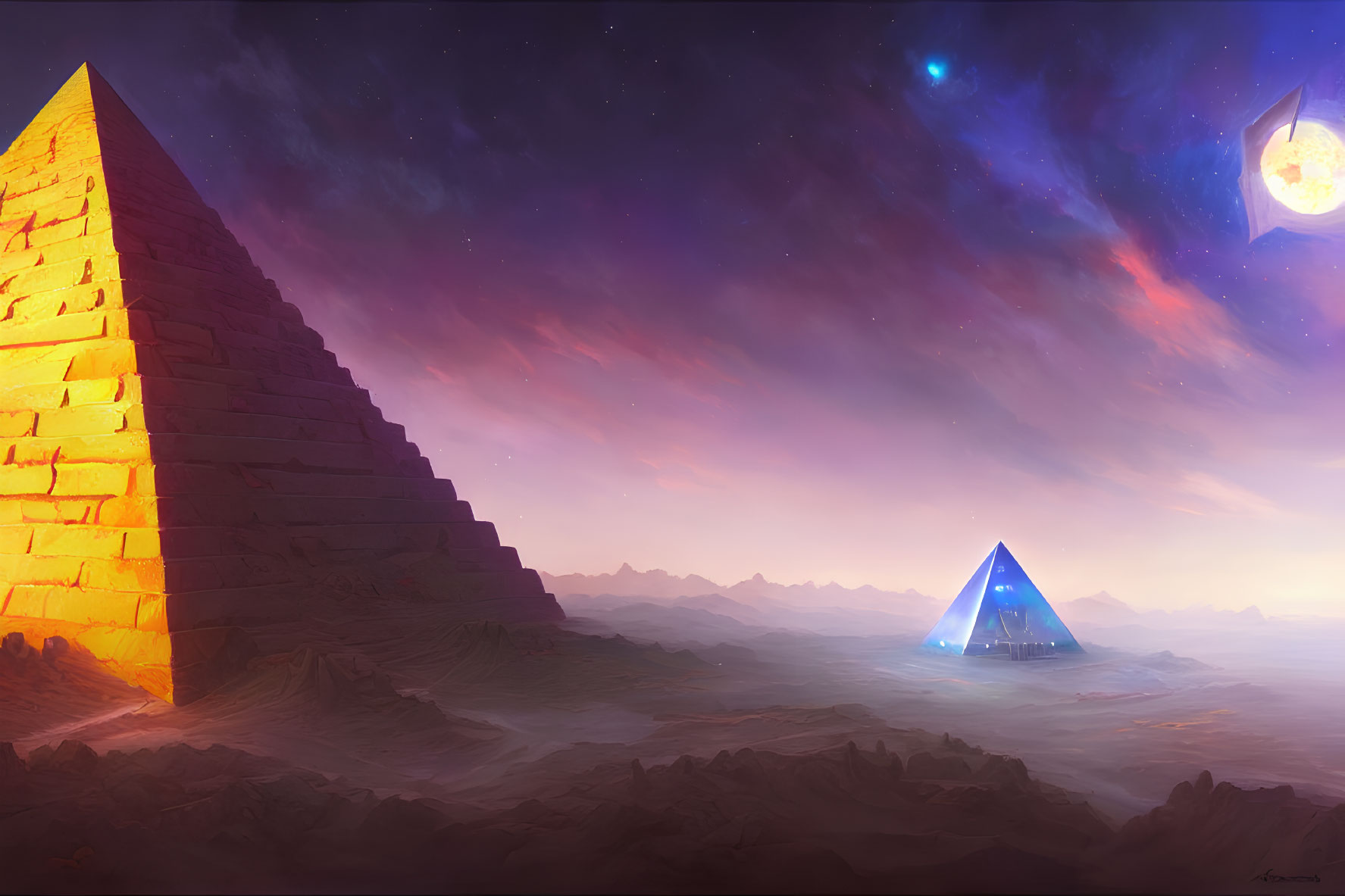 Digital Artwork: Glowing Blue Pyramids in Celestial Landscape