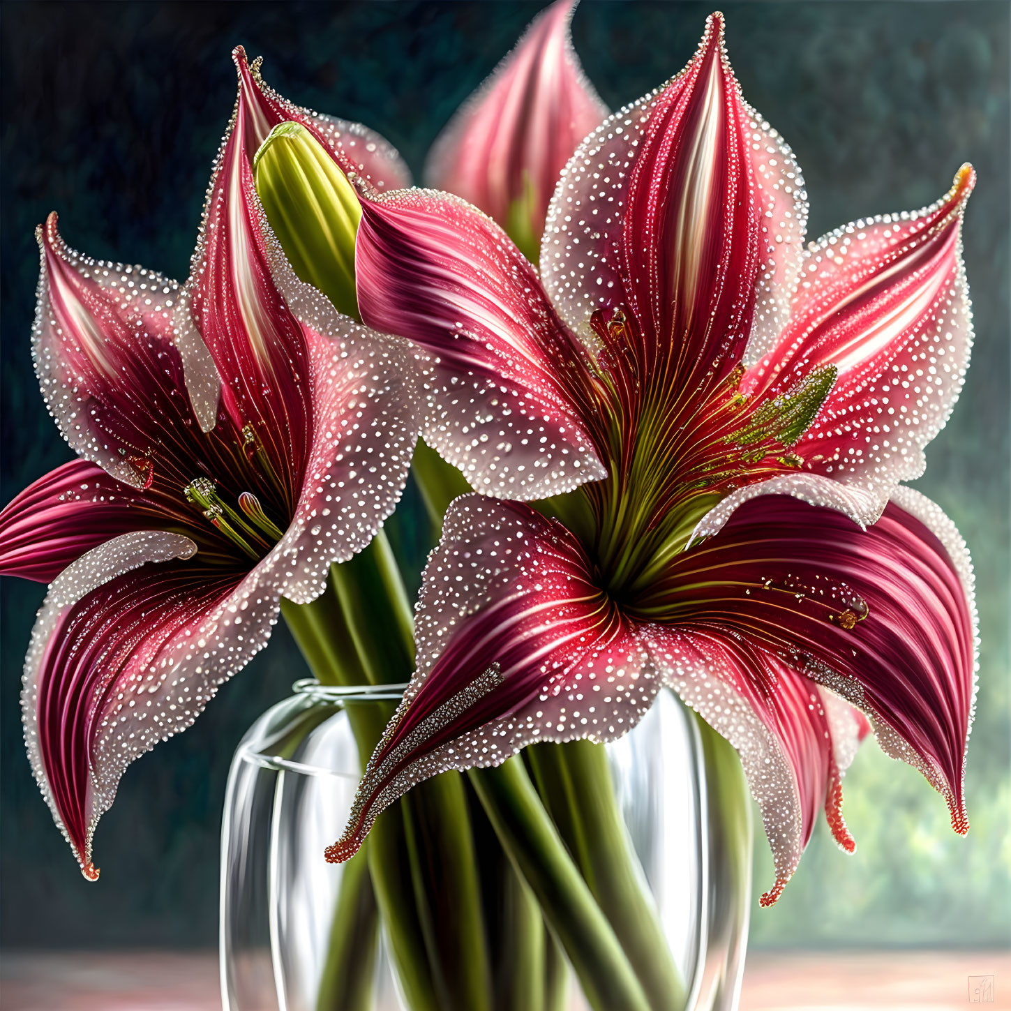 Pink lilies with white speckles in clear vase on dark background