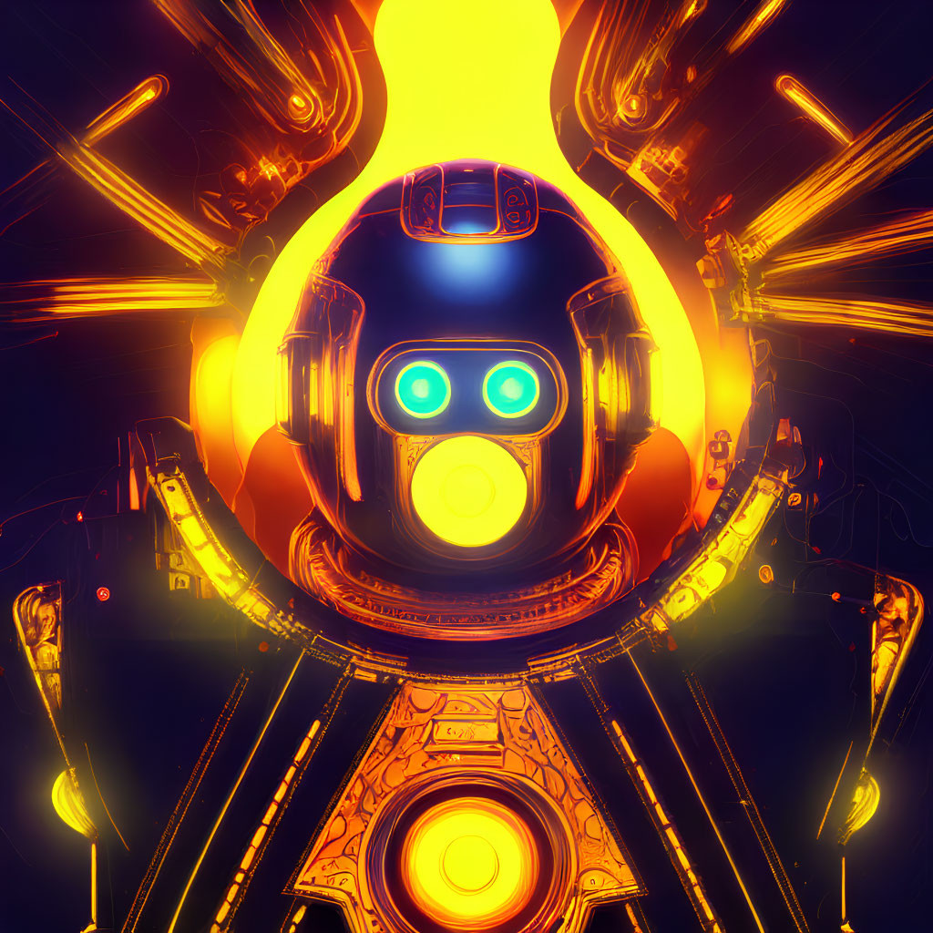 Futuristic Robot with Glowing Blue Eyes in Vibrant Orange and Yellow Environment