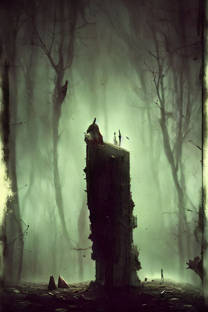 Abandoned building in foggy forest with figure and crows