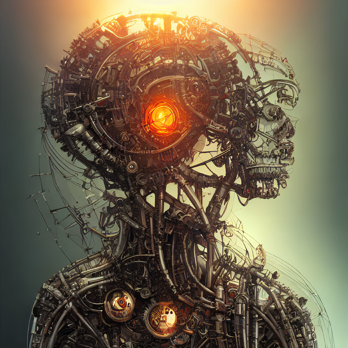 Detailed mechanical head with glowing red eye and futuristic robot aesthetic