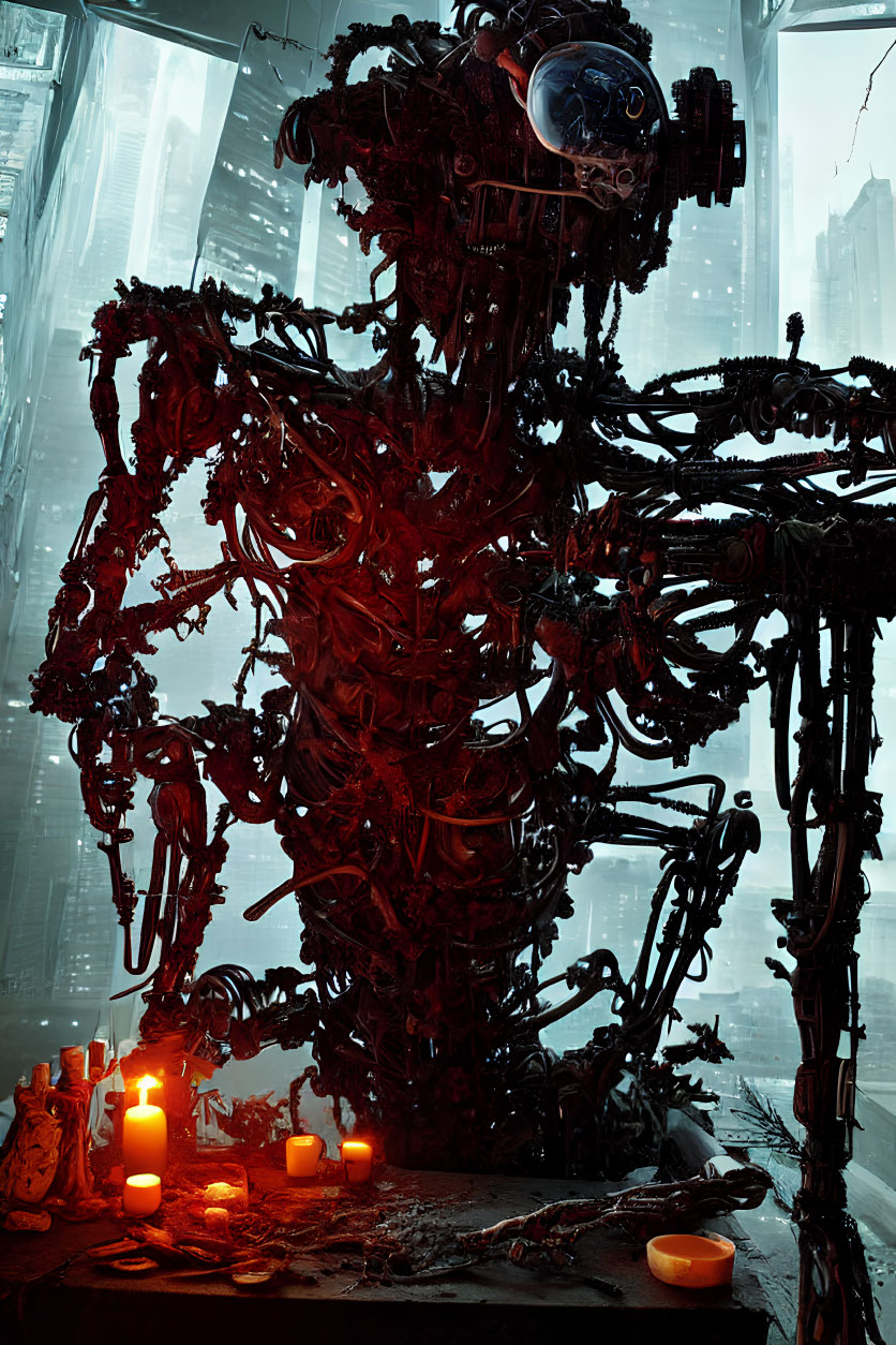 Dark mechanical humanoid sculpture with candles in urban setting