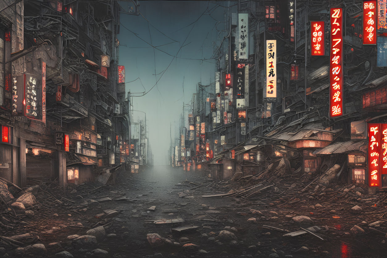 Dystopian urban alley with dilapidated buildings and neon signs