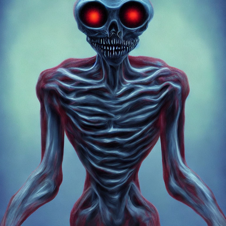 Muscular skeletal humanoid with glowing red eyes in blue and red hues