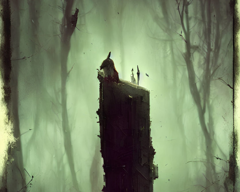 Abandoned building in foggy forest with figure and crows