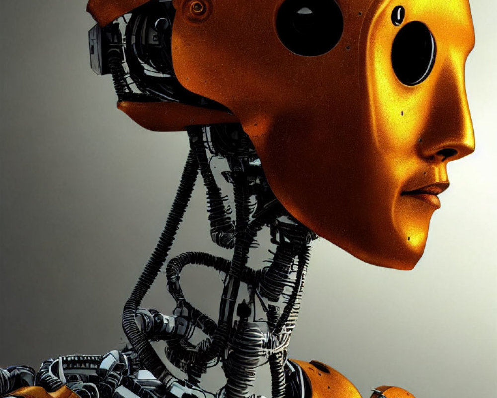 Detailed 3D Illustration of Humanoid Robot with Mechanical Neck and Orange Human-Like Face