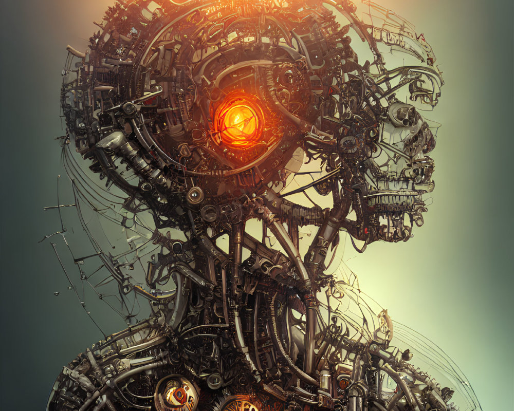 Detailed mechanical head with glowing red eye and futuristic robot aesthetic