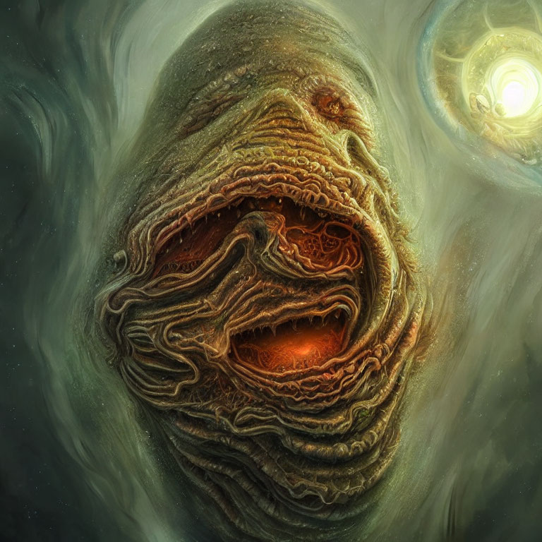 Fantastical creature with swirling cloud-like skin and glowing maw in nebulous setting