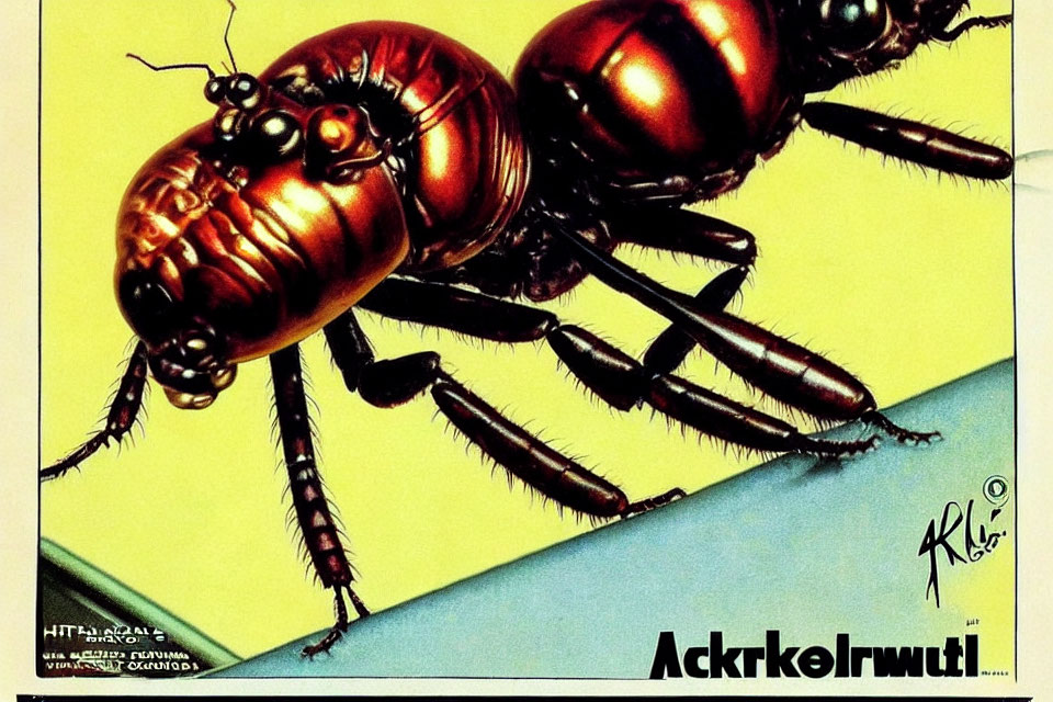 Detailed illustration: Two enlarged ants on yellow and green background with text and signature.