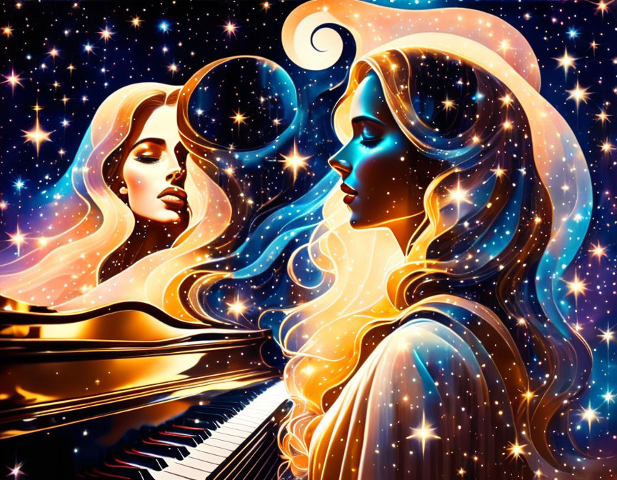 Colorful artwork of woman playing piano with flowing hair, cosmic background