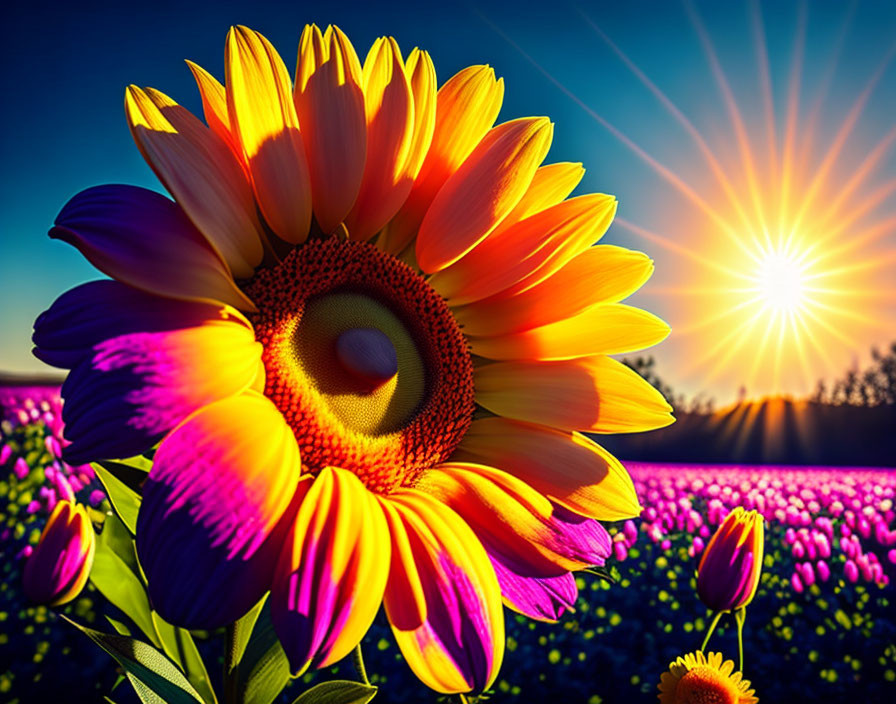 Colorful Sunflower Blooming with Sunset and Purple Flower Field