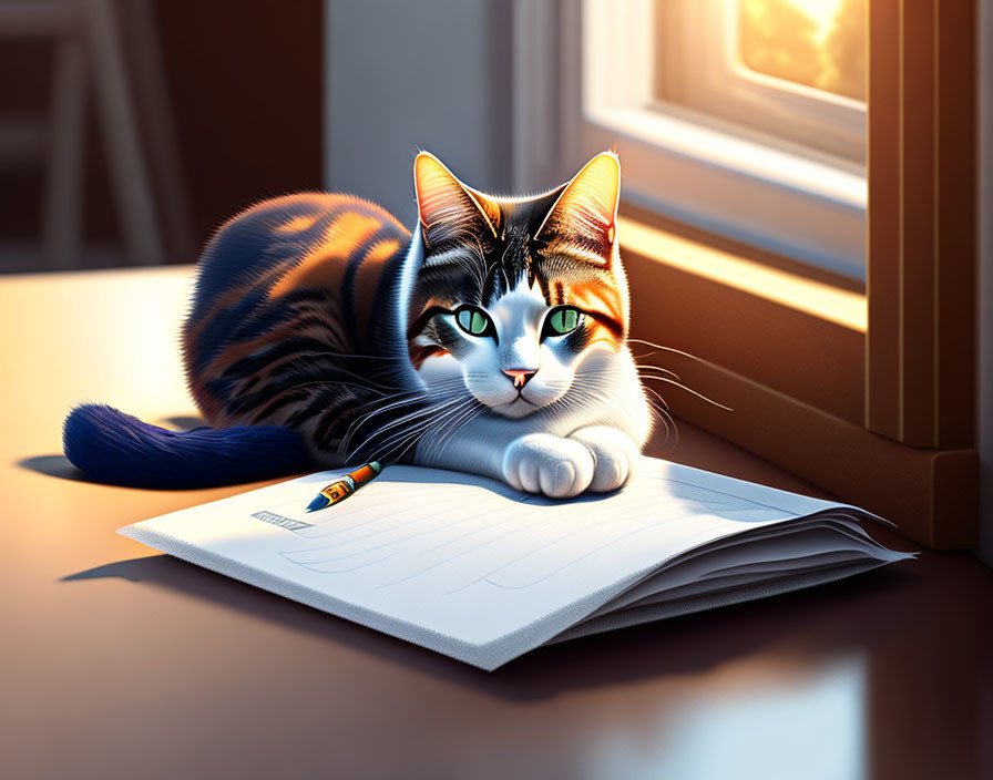 Striking Green-Eyed Cat Resting on Notebook by Window