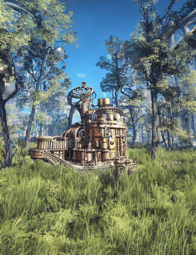 Intricate Steampunk Machinery in Sunlit Forest