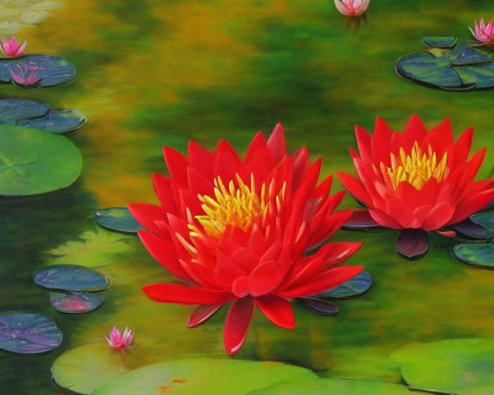 Colorful red and yellow water lilies on serene pond with pink buds