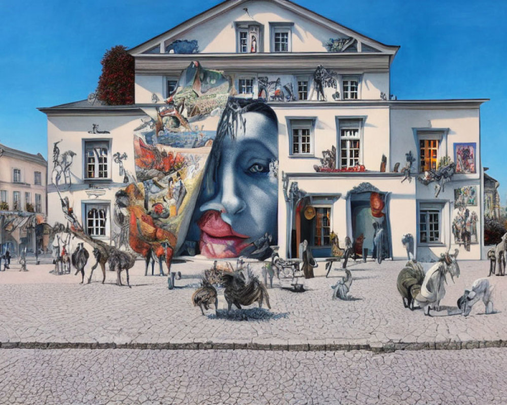 Large Woman's Face Mural with Surreal Elements and Animals in Town