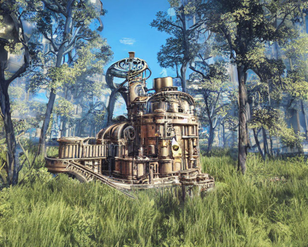 Intricate Steampunk Machinery in Sunlit Forest