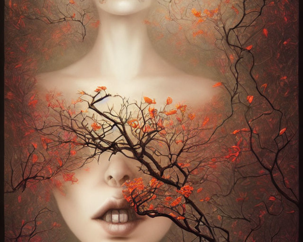 Surreal autumnal trees merge with woman's silhouette in misty scene