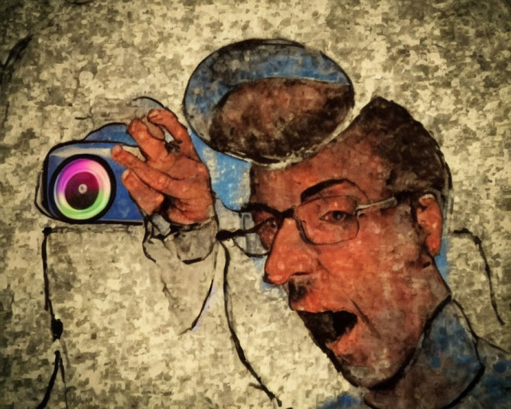 Surprised man with glasses holding colorful camera on textured background