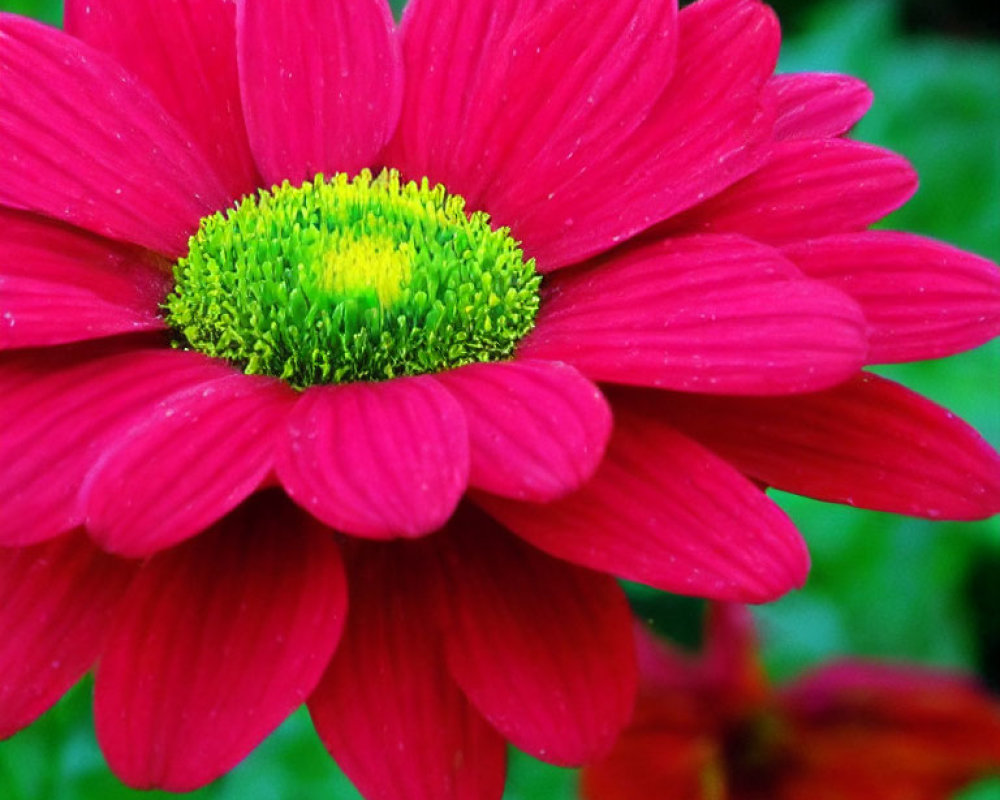 Vibrant Pink Daisy with Bright Green Center on Blurred Green Background