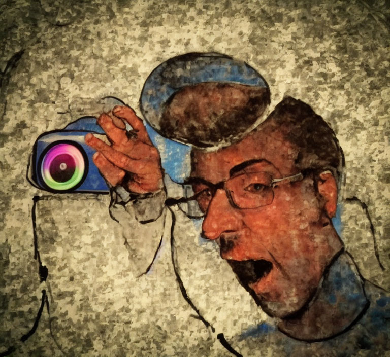 Surprised man with glasses holding colorful camera on textured background