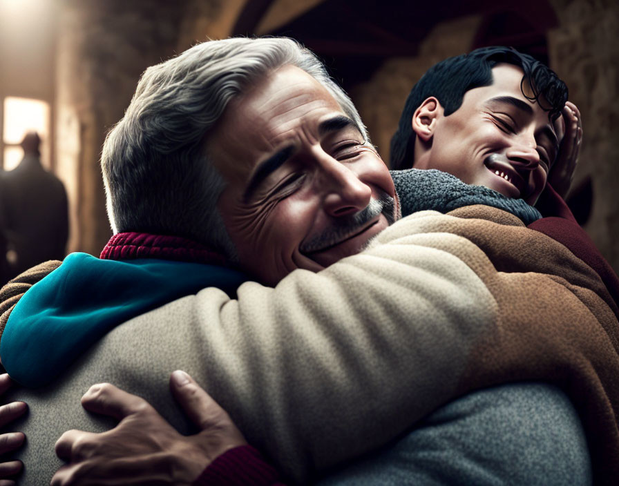 Men embracing in heartfelt hug, radiating happiness