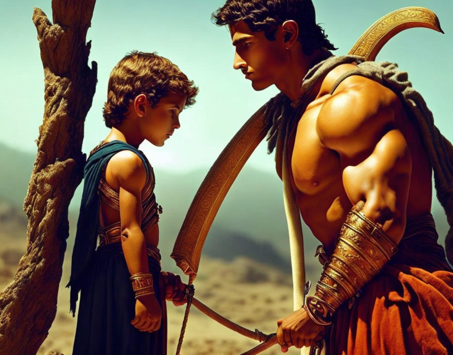 Young boy and muscular man with bow in desert setting.