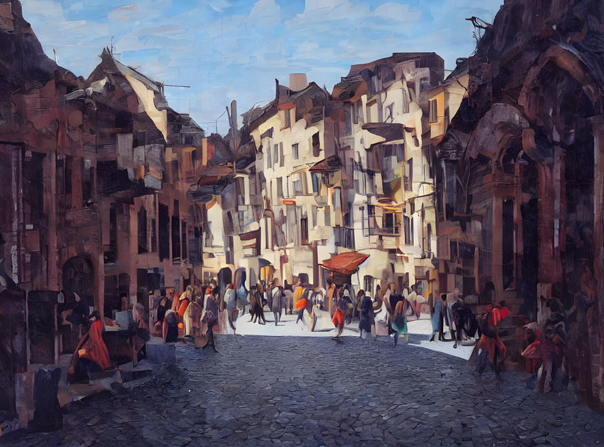 European Street Scene Oil Painting with Historic Buildings and Bustling People