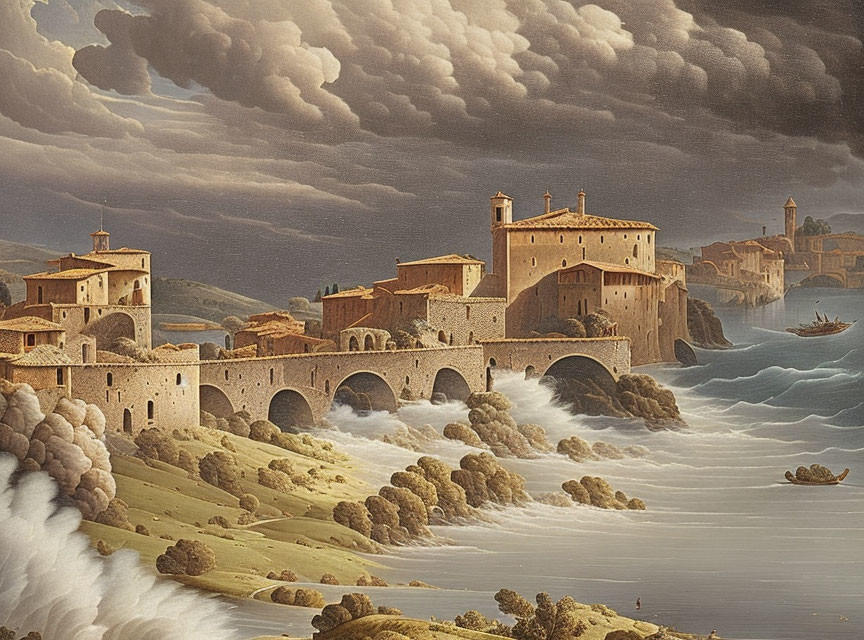 Medieval coastal town painting with stone buildings, arched bridge, boat, and dramatic skies