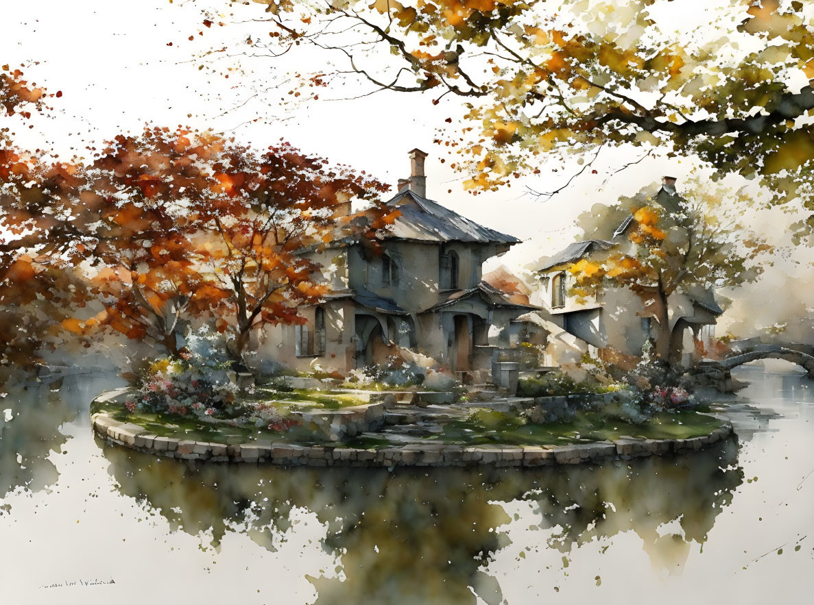 Tranquil lakeside village scene with autumn foliage and stone houses