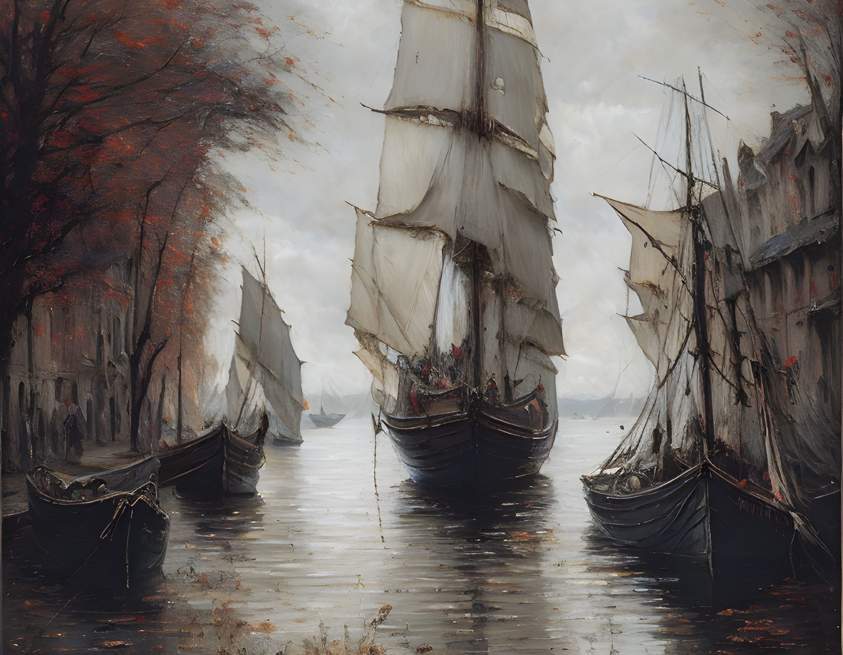 Tattered sail sailing ships in narrow waterway under cloudy sky