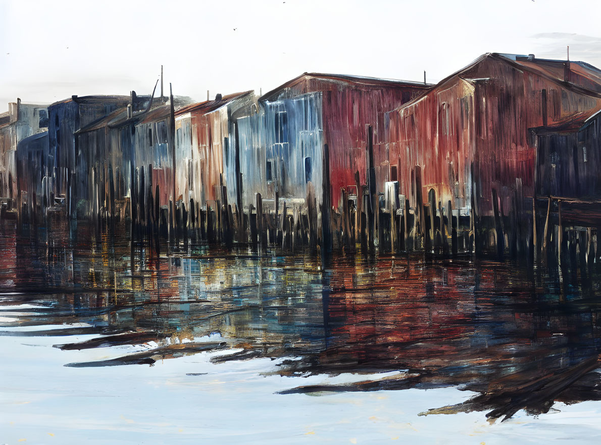 Colorful Weathered Boathouses Reflected in Calm Water