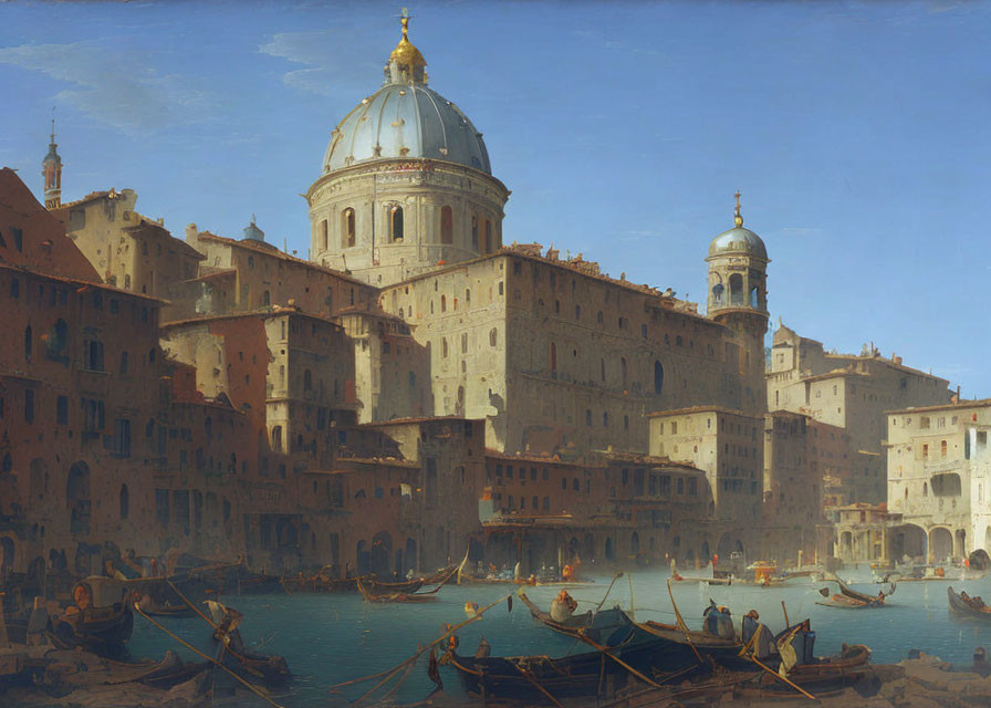 Bustling old harbor scene with boats and large dome building in clear blue sky