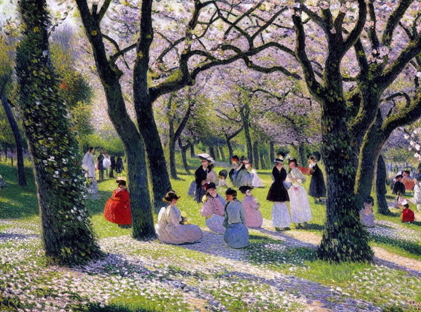 Impressionist painting of people in park with blossoming trees