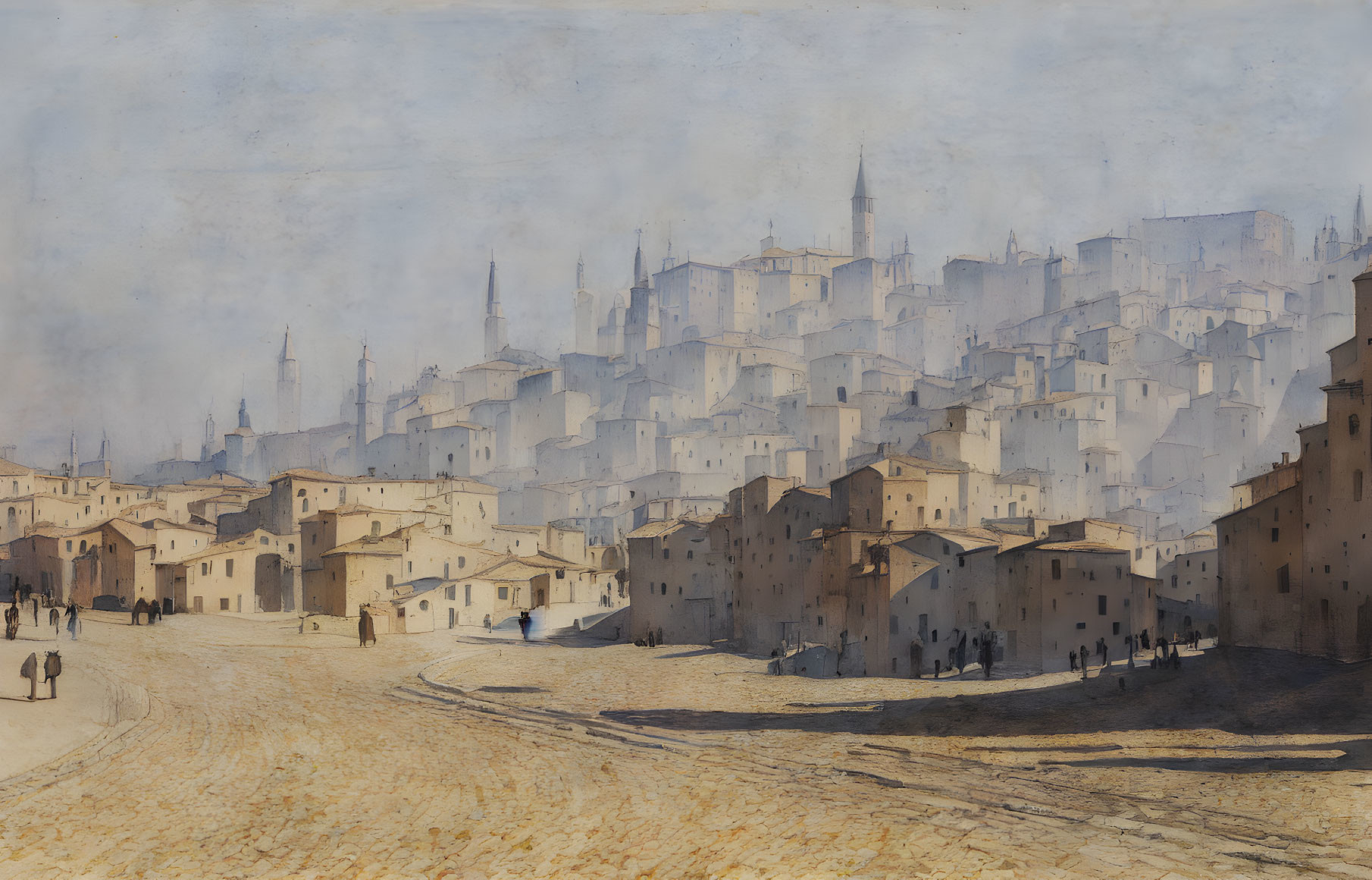 Historical cityscape with beige and white buildings under hazy sky