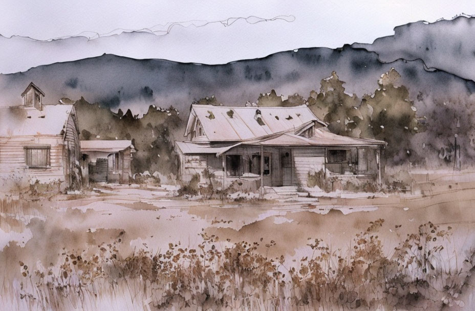 Abandoned rustic buildings with overgrown vegetation in watercolor art