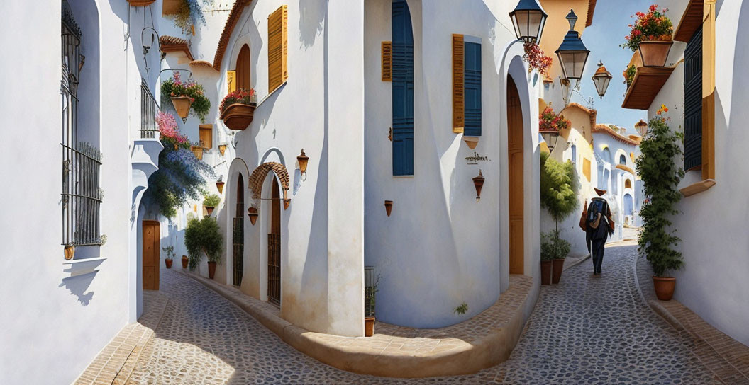 Sunlit Spanish Alley with White Walls and Flower Pots