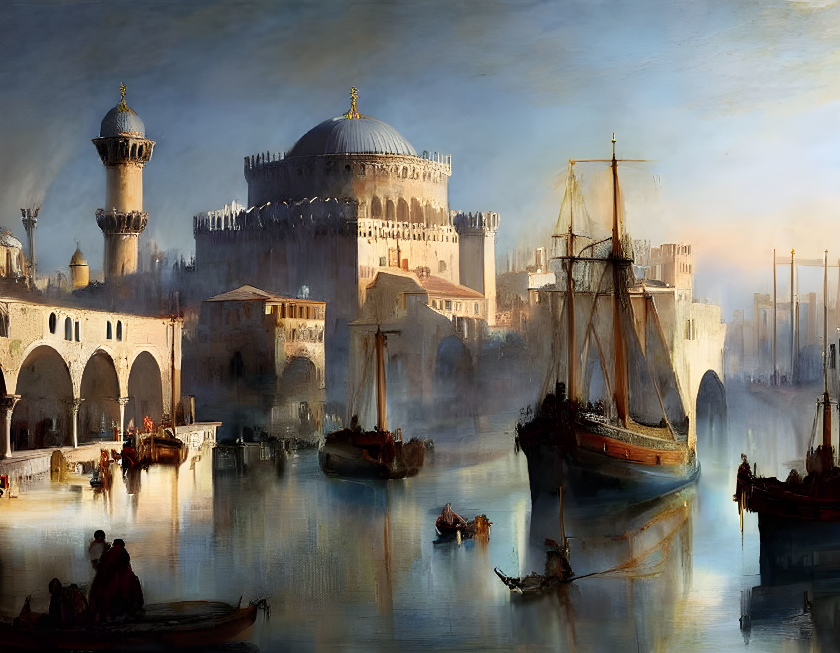 Historical coastal city scene at dawn with boats, grand domed buildings, and warm sky