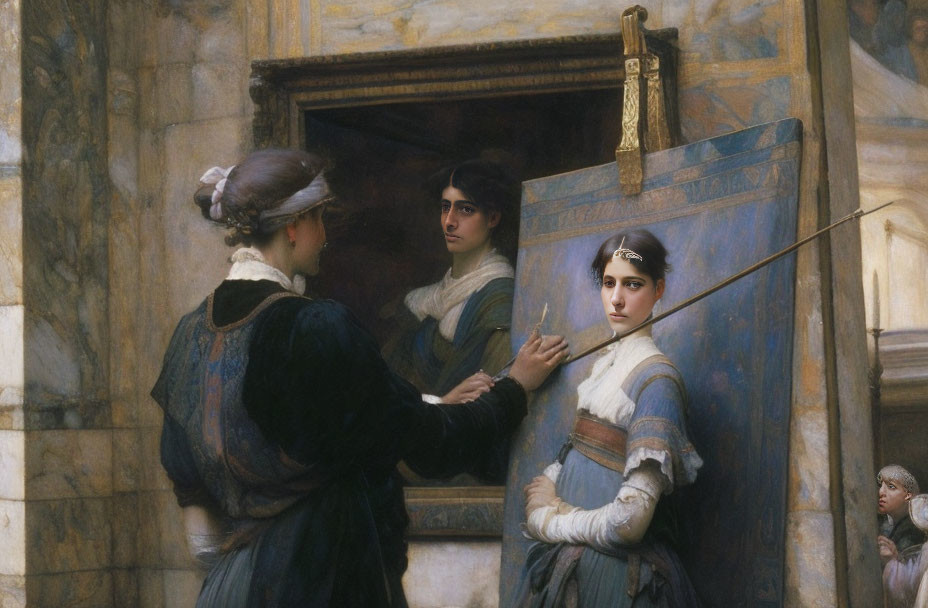 Oil painting of artist creating self-portrait with spectator