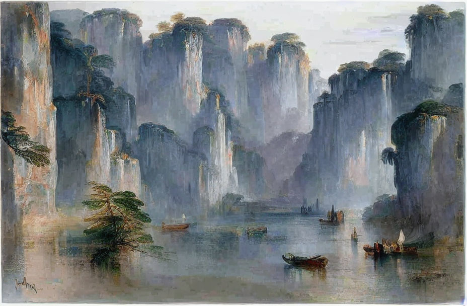 Tranquil landscape painting of misty cliffs and boats on water