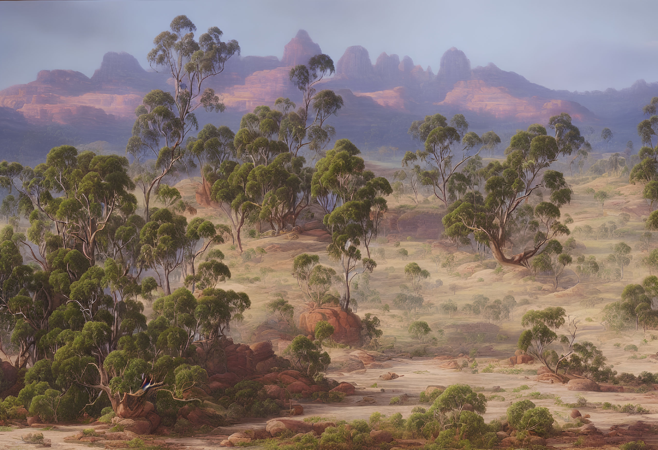 Tranquil Australian Outback with Silhouetted Mountains