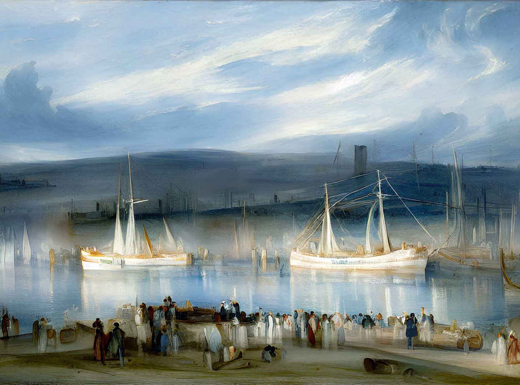 19th-Century Harbor Scene with Sailing Ships and Period Attire