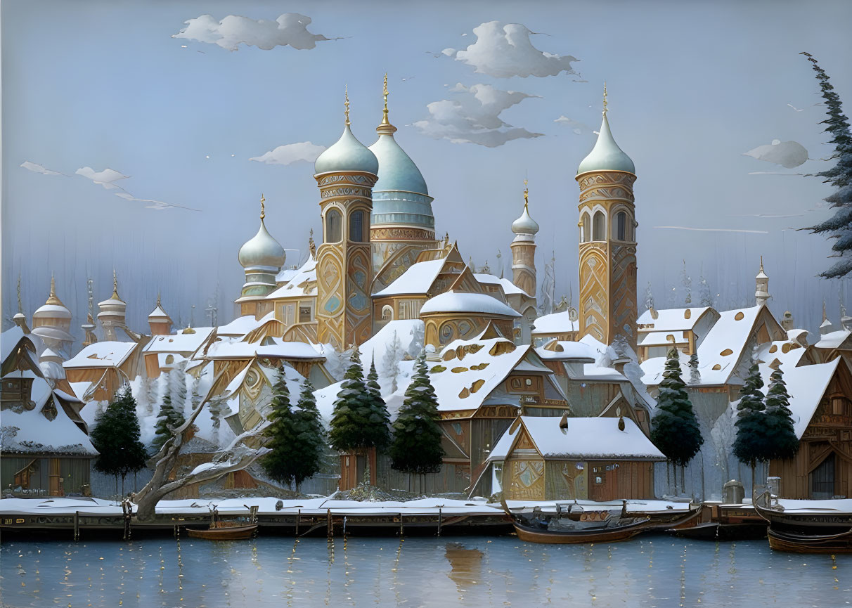 Snow-covered buildings with onion domes by calm river in winter.