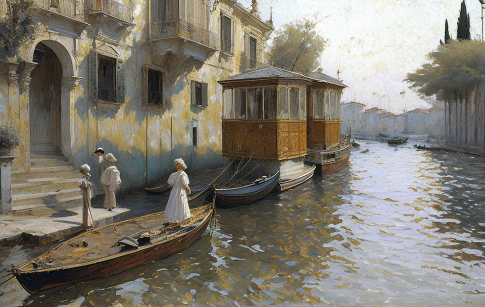 Vintage-style painting of serene canal scene with people, boats, and ornate buildings