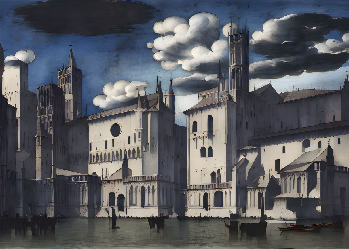 Medieval cityscape with white buildings, river boats, and dramatic sky