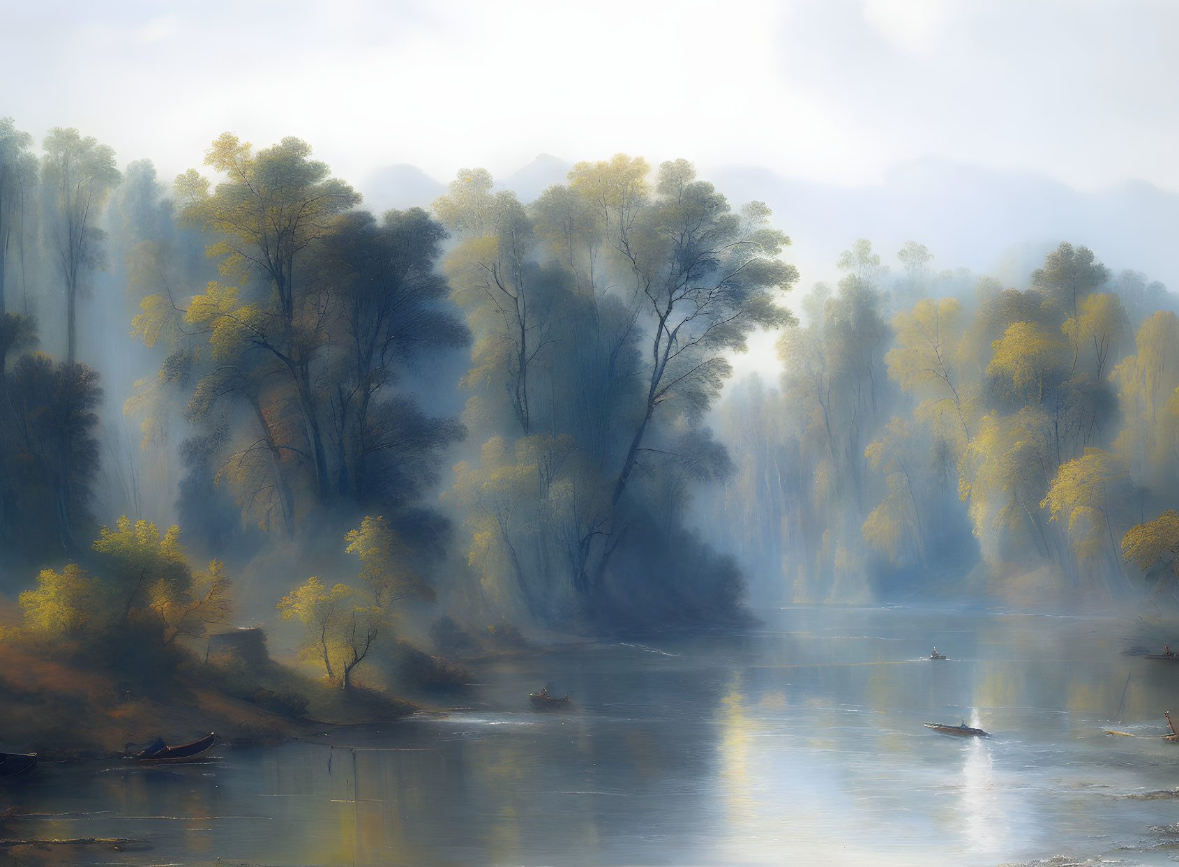 Tranquil river landscape with misty forests, boats, and autumn trees